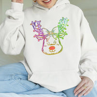 Neon Coquette Bow Sweatshirt, Adorable Reindeer Christmas Hoodie, Preppy Winter Reindeer Pullover, Festive Holiday Graphic Hooded Sweater Present