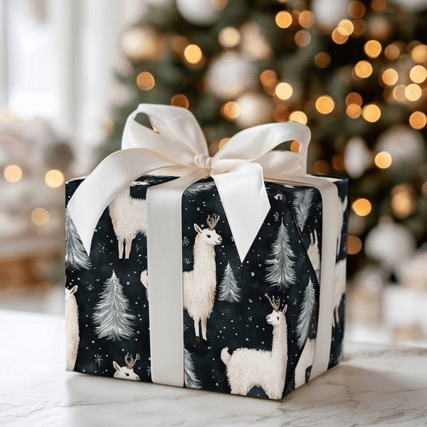 Navy Winter Forest Gift Wrap, Llama Reindeer Wrapping Paper, Snowy Pine Tree Wrapping Paper, Christmas Holiday Paper