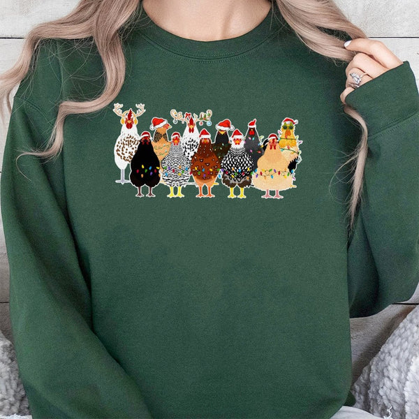 Santa Hat Hens Sweatshirt, Humorous Chicken Christmas Sweatshirt, Festive Farm Animal Crewneck, Xmas Lights Poultry Sweatshir