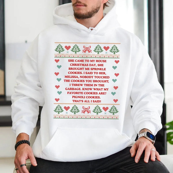 Humorous Holiday Cookie Sweatshirt, Sprinkles Pignoli Cookies Ugly Christmas Hoodie, Italian Baking Pullover Hoodie, Foodie X