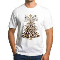 Festive Polka Dot Bow Shirt, Leopard Print Christmas Tree T-Shirt, Adorable Winter Holiday Graphic Tee, Retro Xmas Tree T-Shirt, Womens Present