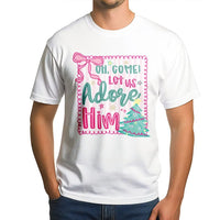 Pink Coquette Christmas Tree Tee, Oh Come Let Us Adore Him T-Shirt, Christian Holiday Graphic Shirt, Faith Aesthetic Scripture Tee