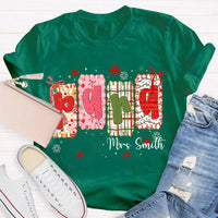 Custom Name Holiday Graphic Tee, Personalized Color Block Christmas T-Shirt, Matching Family Xmas Shirt, Festive Present Top