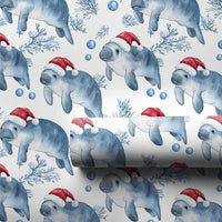 Coastal Nautical Holiday Gift Wrap, Manatee Christmas Wrapping Paper, Santa Hat Sea Cow Wrapping Paper, Marine Life Xmas Gift Wrap Roll