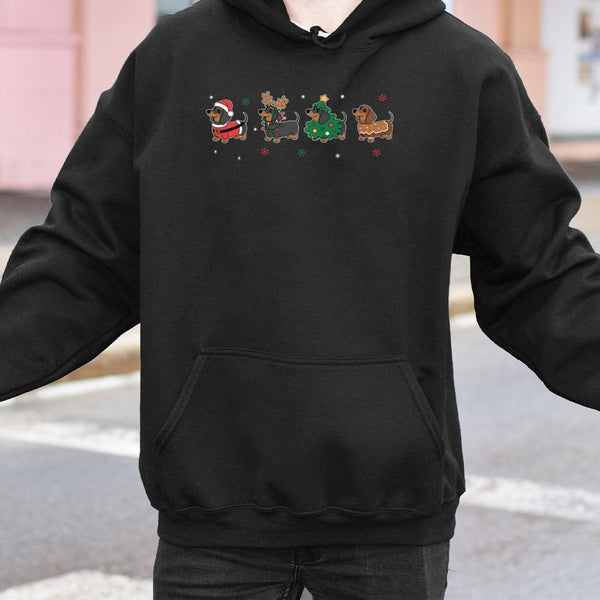 Adorable Wiener Dog Holiday Graphic Hooded Sweatshirt, Dachshund Christmas Hoodie, Xmas Doxie Lover Pullover, Festive Winter 