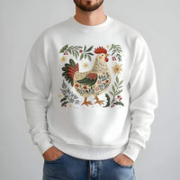 Folk Art Rooster Graphic Holiday Sweater, Christmas Chicken Sweatshirt, Comfy Country Farmhouse Crewneck, Winter Farmer Pullover