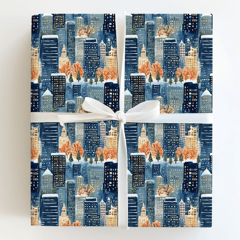 Snowy Night City Gift Wrap, Winter Cityscape Wrapping Paper, Watercolor Urban Skyline Wrapping Paper, Comfy Christmas Holiday Gift Wrap Roll