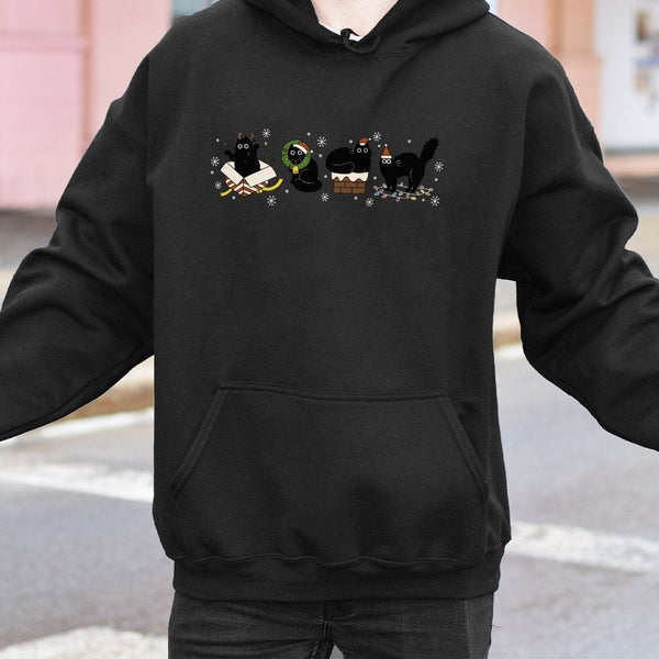 Festive Holiday Kitten Hooded Sweatshirt, Christmas Black Cat Hoodie, Adorable Winter Black Cat Sweater, Comfy Christmas Cat 