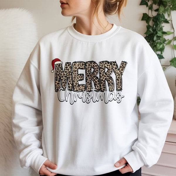 Santa Hat Holiday Sweater, Merry Christmas Leopard Print Sweatshirt, Adorable Winter Xmas Crewneck, Leopard Plaid Christmas P