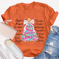 Aesthetic Holiday Graphic Tee, Joyful Peaceful Cheerful Christmas Tree T-Shirt, Retro Xmas Tree Shirt, Festive Winter Holiday Party Top