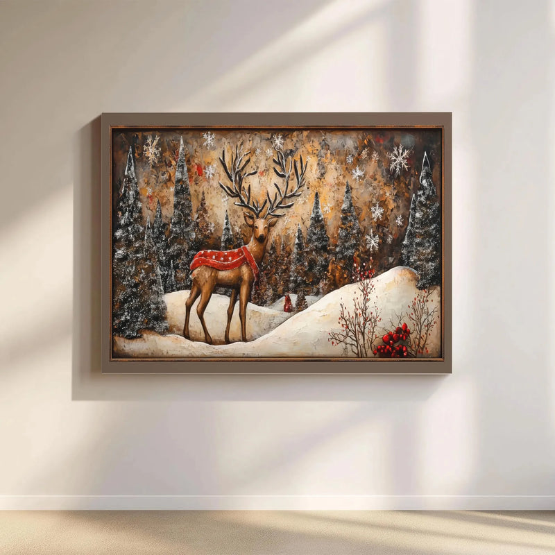 Snowy Forest Reindeer Print, Winter Reindeer Canvas Wall Art, Christmas Holiday Wall Decor, Winter Reindeer Landscape Canvas, Xmas Present