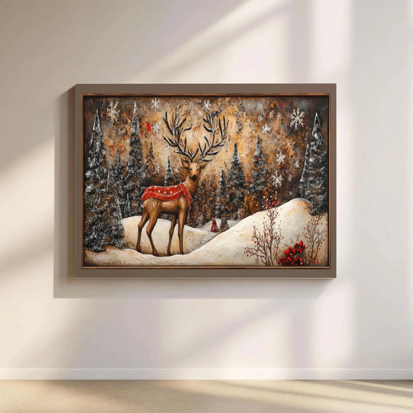Snowy Christmas Landscape Canvas, Reindeer Winter Forest Wall Art, Rustic Holiday Wall Art, Farmhouse Xmas Print, Digital Dow