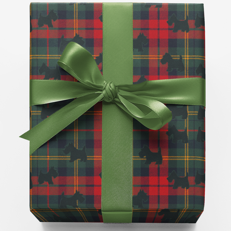 Scottie Dog Christmas Gift Wrap, Scottish Terrier Wrapping Paper, Red Green Plaid Holiday Wrapping Paper, Dog Lover Tartan Present Paper