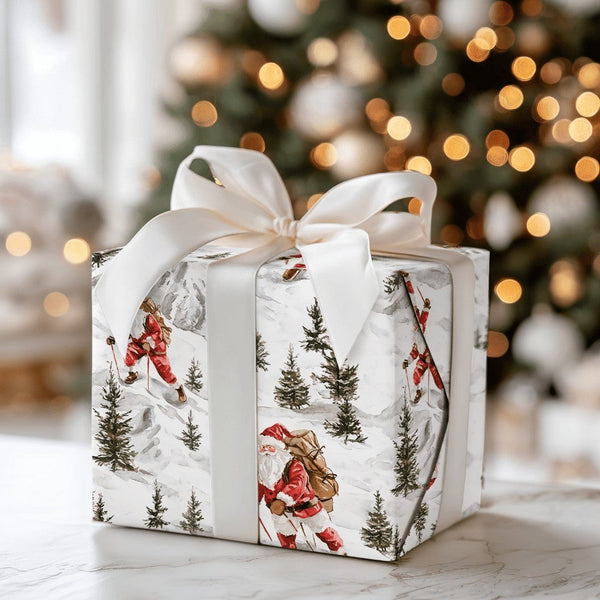 Mountain Expedition Christmas Gift Wrap, Hiking Santa Wrapping Paper, Watercolor Outdoor Santa Claus Present Paper, Rustic Wi