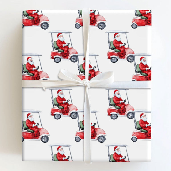 Humorous Golfer Christmas Gift Wrap, Santa Golf Cart Wrapping Paper, Watercolor Santa Claus Golfing Wrapping Paper