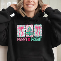 Wavy Tree and Bow Holiday Hoodie, Retro Merry and Bright Christmas Hoodie, Vintage Aesthetic Xmas Sweatshirt, Festive Winter Pullover
