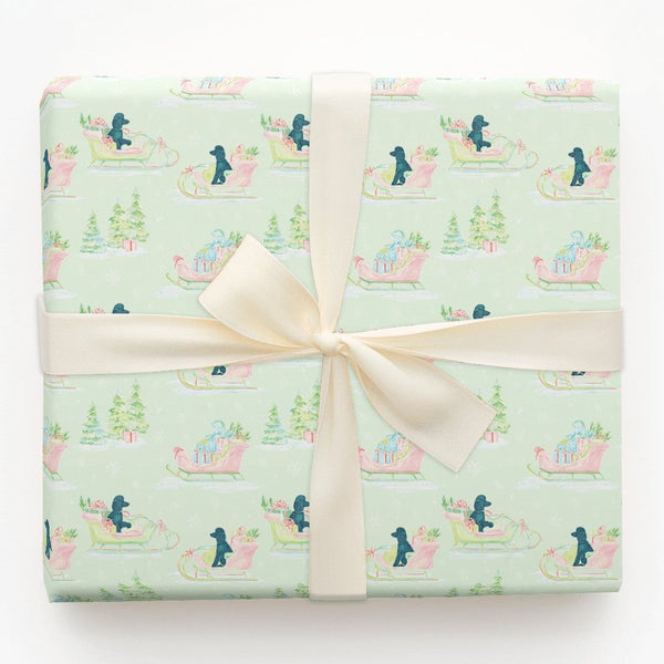 Watercolor Poodle Sleigh Gift Wrap, Black Poodle Wrapping Paper, Adorable Dog Christmas Wrapping Paper, Black Poodle Holiday 