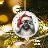Santa Hat Keeshond Christmas Ornament, Keeshond Dog Ceramic Ornament, Adorable Dog Lover Holiday Decor, Festive Puppy Keepsake Tree Ornament