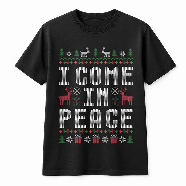 Humorous Ugly Christmas Sweater T-Shirt, I Come in Peace Shirt, Alien Xmas Graphic Tee, Holiday Party T-Shirt, Christmas Pres