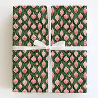 Retro Bauble Christmas Wrapping Paper, Pink Vintage Ornaments Wrapping Paper, Dark Green Holiday Gift Wrap, Watercolor Xmas Paper, Present Roll
