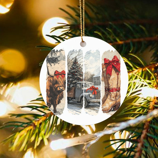 Western Cowboy Boots Ornament, Highland Cow Christmas Ornament, Farmhouse Truck Tree Ornament, Rustic Ceramic Keepsake, Count