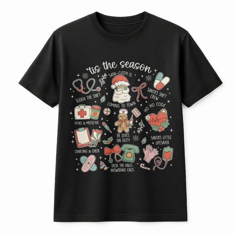 Medical Holiday Icons Graphic Tee, Nurse Christmas T-Shirt, Adorable Healthcare Worker Shirt, RN Christmas Tree Tee, Hospital Staff Xmas Present