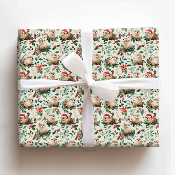 Santa Hat Animal Wrapping Paper, Christmas Otter Wrapping Paper, Holiday Holly Otter Gift Wrap, Festive Winter Present Wrappi