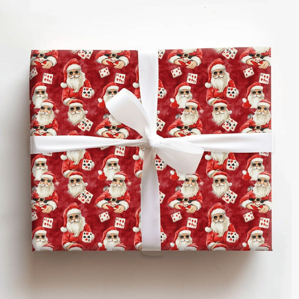 Video Game Santa Christmas Gift Wrap, Gamer Santa Poker Wrapping Paper, Humorous Gaming Holiday Wrapping Paper, Red Card Play
