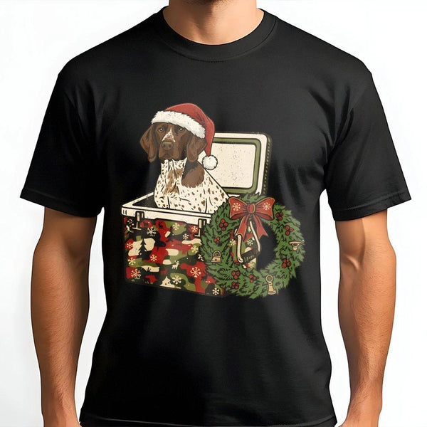 Dog in Gift Box Tee, German Shorthaired Pointer Christmas Shirt, Festive GSP Graphic T-Shirt, Holiday Puppy Dog Lover Shirt, 