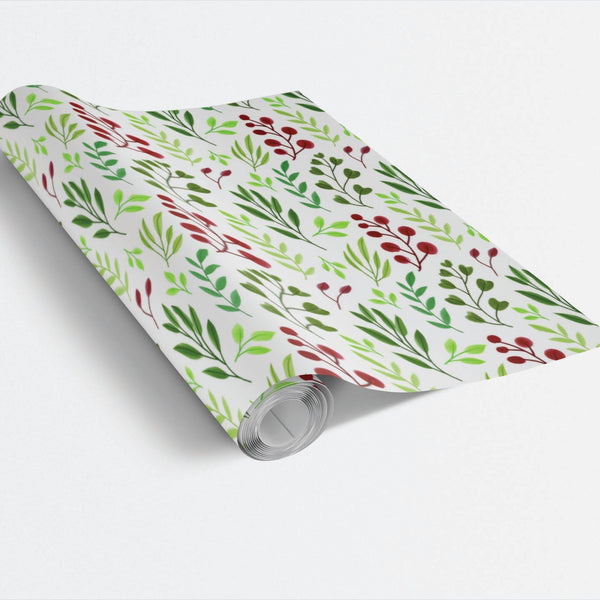 Red Berry Gift Wrap, Botanical Christmas Wrapping Paper, Green Leaf Winter Holiday Wrapping Paper, Festive Botanical Gift Wra