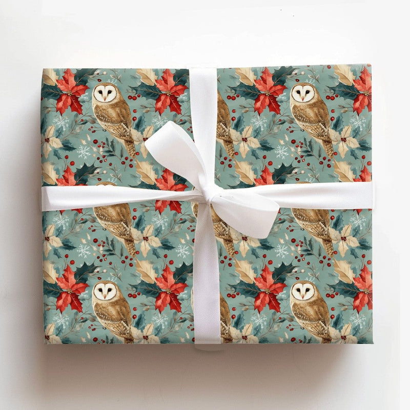 Rustic Poinsettia Owl Gift Wrap, Barn Owl Christmas Wrapping Paper, Woodland Botanical Wrapping Paper, Vintage Holiday Gift Wrap Roll
