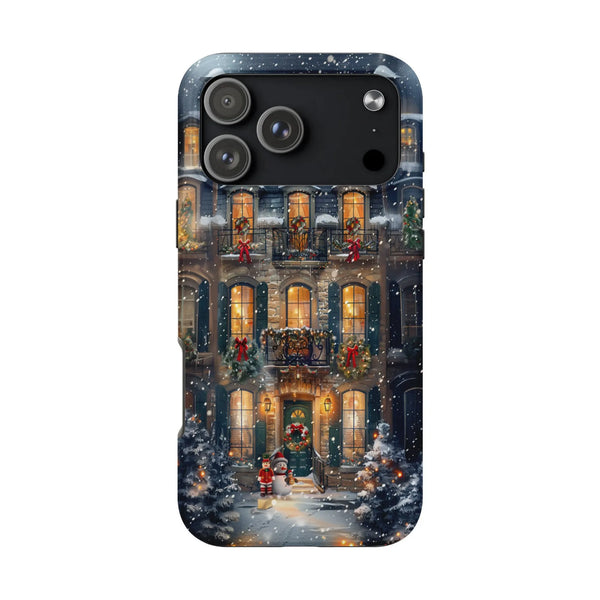 Comfy Winter Townhouse iPhone Case, Christmas Phone Case, Festive Holiday Dual Layer Tough Cover, Seasonal Xmas Present for i
