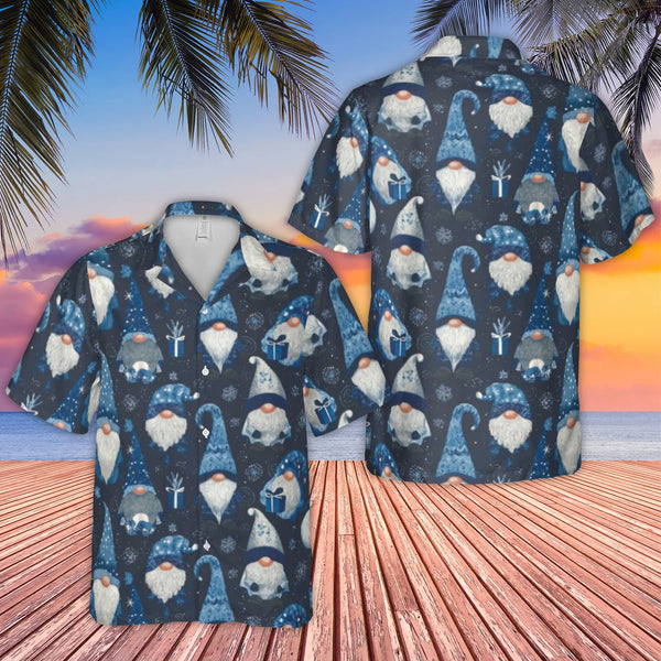 Blue Snowflake Holiday Button Up Shirt, Christmas Gnome Hawaiian Shirt, Festive Winter Gnome Aloha Shirt, Tropical Christmas 