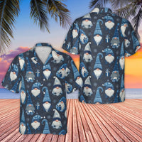 Blue Snowflake Holiday Button Up Shirt, Christmas Gnome Hawaiian Shirt, Festive Winter Gnome Aloha Shirt, Tropical Christmas Party Shirt