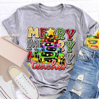 Colored Pencil Tree Holiday Graphic Tee, Christmas Teacher T-Shirt, Festive Teacher Shirt, Winter Break Elementary Educator Apparel
