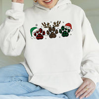 Plaid Leopard Reindeer Hoodie, Christmas Dog Paw Hoodie, Adorable Pet Lover Hooded Sweatshirt, Winter Holiday Graphic Hoodie, Dog Mom Xmas Present