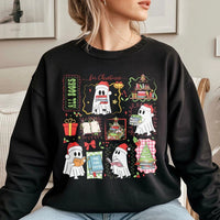 Book Lover Holiday Sweater, Reading Ghost Christmas Sweatshirt, Adorable Spooky Bookish Crewneck, Librarian Xmas Sweatshirt, Reader Present for Her