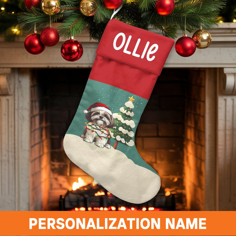 Santa Dog Lights Holiday Stocking, Personalized Shih Tzu Christmas Stocking, Adorable Puppy Christmas Stocking, Velboa Pet Lover Xmas Decor Present