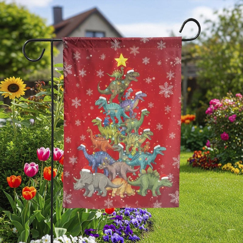 Festive T-Rex Holiday Yard Flag, Dinosaur Christmas Tree Garden Flag, Adorable Dino Winter Lawn Flag, Seasonal Outdoor Decor for Dino Lovers