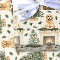 Comfy Christmas Dog Gift Wrap, Golden Retriever Wrapping Paper, Fireplace Tree Wrapping Paper, Holiday Pet Present Wrap, Retriever Present Paper