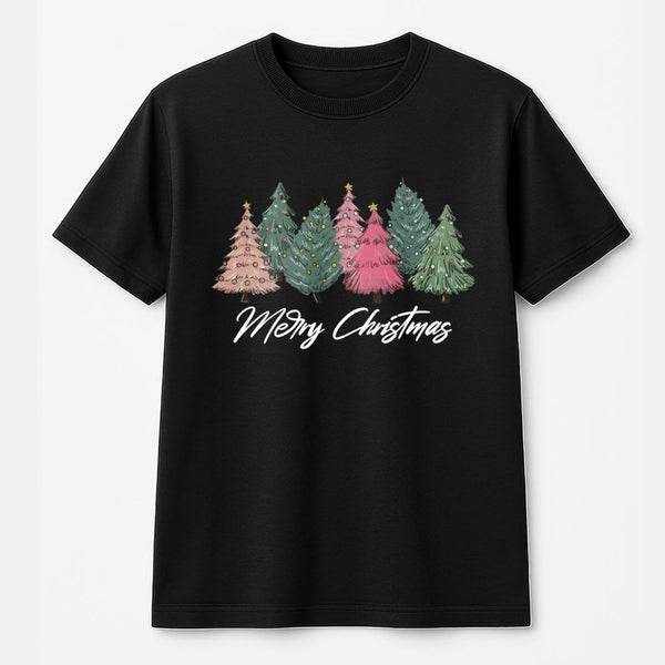 Pink and Green Hand-Drawn Tree Graphic Tee, Merry Christmas T-Shirt, Adorable Holiday Xmas Shirt, Festive Winter Apparel Pres