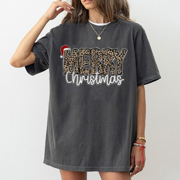 Leopard Print Holiday T-Shirt, Merry Christmas T-Shirt, Festive Xmas Graphic T-Shirt, Adorable Winter Vacation Tee, Seasonal 