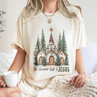 Watercolor Snowy Church T-Shirt, The Greatest Present Is Jesus T-Shirt, Religious Christian Shirt, Faith Christmas T-Shirt, Winter Holiday Present