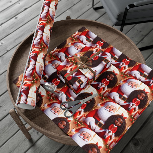 Curly Hair Girl Santa Gift Wrap, Black Girl Christmas Wrapping Paper, African American Holiday Wrapping Paper, Adorable Xmas 