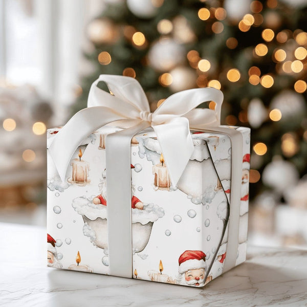 Spa Day Christmas Gift Wrap, Bubble Bath Santa Wrapping Paper, Humorous Bathtub Santa Present Paper, Whimsical Holiday Gift W