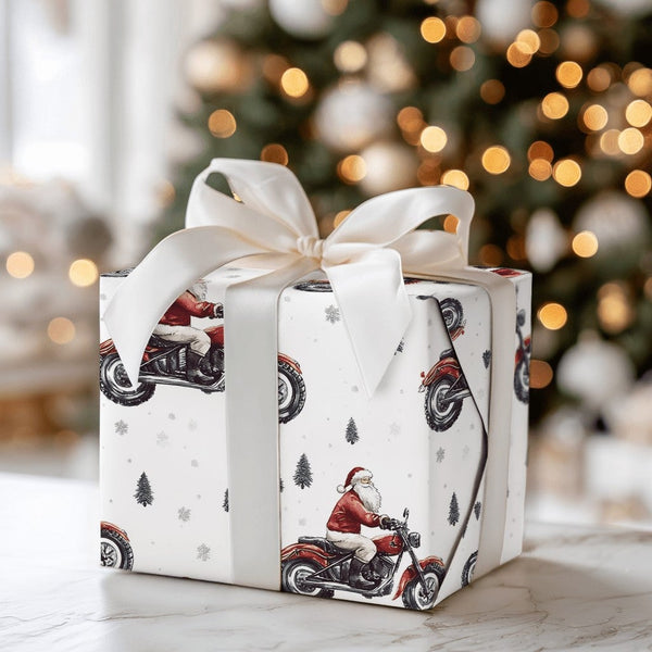 Red Motorcycle Christmas Gift Wrap, Biker Santa Wrapping Paper, Pine Tree Winter Santa Wrapping Paper, Holiday Biker Gift Wra