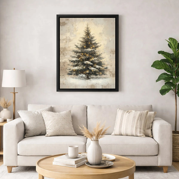 Snowy Pine Christmas Tree Print, Vintage Christmas Tree Wall Art, Rustic Holiday Canvas Art, Xmas Home Decor, Digital Downloa