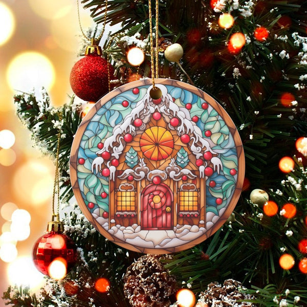 Stained Glass Art Christmas Ornament, Gingerbread House Ceramic Ornament, Festive Holiday Home Decor, Adorable Xmas Keepsake 