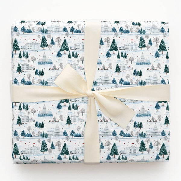 Snowy Capitol White House Gift Wrap, Washington DC Wrapping Paper, Watercolor Winter Holiday Gift Wrap, Patriotic Christmas P