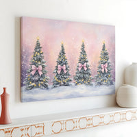 Snowy Holiday Landscape Canvas Print, Pink Bow Christmas Tree Canvas Art, Festive Xmas Tree Canvas Wall Art, Comfy Winter Canvas Decor